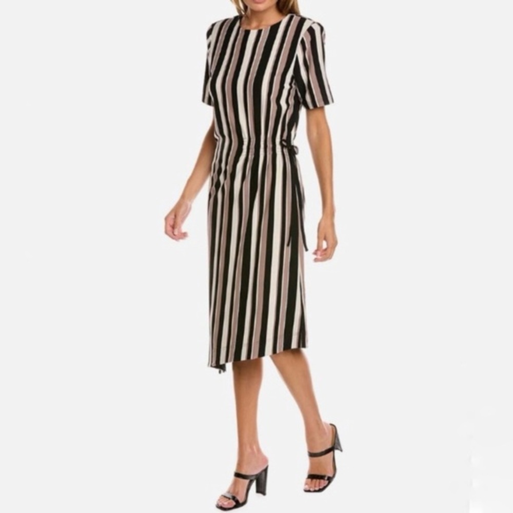 BADGLEY‎ MISCHKA Large Striped Jersey Knit Side Ruched Asymmetric Midi Dress